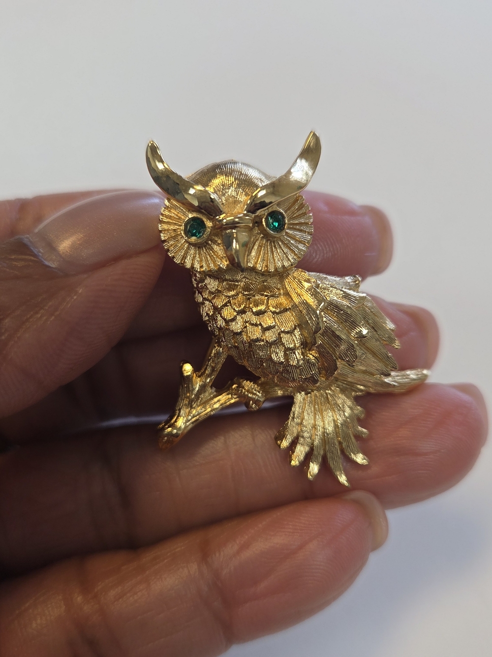 Vintage Monet Owl Brooch Gold Tone Textured Green Rhinestone Eyes Pin Signed
